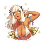 1girl alternate_costume animal_ears ash_(fire_emblem) bikini black_horns breasts brown_eyes bug butterfly cleavage collar commentary cow_ears cow_girl cow_horns cropped_torso dark-skinned_female dark_skin ear_piercing english_commentary fire_emblem fire_emblem_heroes flower head_wreath horns large_breasts long_hair looking_at_viewer looking_up meziosaur open_mouth piercing simple_background smile solo swimsuit teeth upper_teeth white_background white_bikini white_flower white_hair 