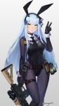  1girl 39iax absurdres alternate_costume animal_ears assault_rifle black_leotard bodystocking bodysuit bodysuit_under_clothes breasts detached_collar explosive fake_animal_ears girls&#039;_frontline green_eyes grenade grey_hair gun h&amp;k_hk416 heckler_&amp;_koch highres hk416_(girls&#039;_frontline) leotard long_hair medium_breasts necktie playboy_bunny pouch rabbit_ears rifle solo teardrop_tattoo v weapon 