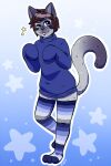  abstract_background anthro blue_eyes brown_hair clothing domestic_cat felid feline felis fleurfurr fur grey_body grey_fur hair legwear male mammal purple_body purple_fur siamese solo sweater thigh_highs topwear valery_funika 