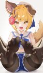  1girl absurdres alternate_costume animal_ears black_pantyhose blonde_hair blue_shorts breasts dog_ears dog_girl dog_tail feet foot_focus granblue_fantasy highres hyouta_(yoneya) looking_at_viewer open_mouth pantyhose short_hair shorts small_breasts solo tail thick_eyebrows toes vajra_(granblue_fantasy) white_background yellow_eyes 