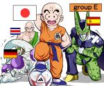  2022_fifa_world_cup 4boys al_rihla angry bald ball belt blue_belt cell_(dragon_ball) commentary_request constricted_pupils costa_rican_flag crossed_bandaids defeat dougi dragon_ball dragon_ball_z drooling frieza full_body german_flag highres himekishi_tarutu_(artist) japanese_flag kuririn looking_at_viewer male_focus multiple_boys open_mouth scratches smile soccer_ball spanish_flag sweatdrop tenshinhan trembling world_cup 