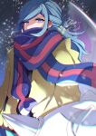  1boy aqua_hair blue_eyes cetitan chromatic_aberration commentary_request green_pants grusha_(pokemon) herunia_kokuoji highres jacket long_hair long_sleeves looking_at_viewer male_focus outdoors pants pokemon pokemon_(game) pokemon_sv scarf scarf_over_mouth signature snowing striped striped_scarf yellow_jacket 