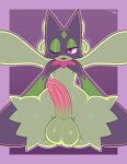  2022 anthro artist_name balls bedroom_eyes big_balls big_penis black_legs bodily_fluids border butt digital_media_(artwork) foreskin frumples fur generation_9_pokemon genital_fluids genitals green_body green_fur half-erect hi_res humanoid_genitalia humanoid_penis looking_at_viewer low-angle_view male meowscarada narrowed_eyes nintendo nude one_eye_closed one_eye_half-closed open_mouth open_smile outline partially_retracted_foreskin penis pink_eyes pink_nose pokemon pokemon_(species) precum presenting presenting_balls presenting_penis purple_background purple_border purple_outline seductive simple_background smile solo thick_thighs tongue video_games wink worm&#039;s-eye_view 