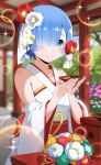  1girl alcohol blue_eyes blue_hair blush bouquet bride camellia cup detached_sleeves flower hair_flower hair_ornament hair_over_one_eye highres japanese_clothes looking_at_viewer obi official_art re:zero_kara_hajimeru_isekai_seikatsu re:zero_kara_hajimeru_isekai_seikatsu:_lost_in_memories red_flower rem_(re:zero) sakazuki sake sash short_hair smile third-party_source white_flower white_sleeves wide_sleeves 