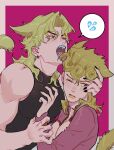  2boys animal_ears black_leotard black_nails blonde_hair blue_lips braid cat_boy cat_ears cat_tail claws dio_brando english_commentary fangs father_and_son flying_sweatdrops giorno_giovanna honlo jacket jewelry jojo_no_kimyou_na_bouken leotard licking long_hair long_sleeves looking_to_the_side male_focus multiple_boys muscular muscular_male one_eye_closed pink_jacket red_eyes spoken_flying_sweatdrops sweatdrop tail tongue tongue_out vento_aureo yellow_lips 