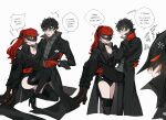  1girl amamiya_ren bangs black_hair black_jacket black_leotard blush carrying carrying_person gloves hair_between_eyes hair_ribbon hetero highres jacket jealous leotard long_hair long_sleeves mask oratoza pants persona persona_5 persona_5_the_royal ponytail princess_carry red_eyes red_gloves red_hair ribbon thighhighs yoshizawa_kasumi 