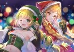  2girls bare_shoulders blonde_hair braid breasts choker christmas closed_mouth coat cordelia_(saga) gloves green_eyes green_hair hair_ribbon hat hood koyama_sao long_hair looking_at_viewer multi-tied_hair multiple_girls open_mouth ponytail ribbon saga saga_frontier_2 santa_hat smile twin_braids very_long_hair virginia_knights 