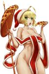  1girl alternate_costume blonde_hair fate/grand_order fate_(series) food green_eyes haraya_manawari hat highres holding holding_food holding_pizza holding_polearm holding_weapon looking_at_viewer nero_claudius_(fate) open_mouth pizza polearm ribbon santa_hat short_hair simple_background solo standing weapon white_background 