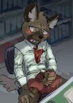  4_ira 5_fingers aggressive_retsuko anthro blush blush_lines bodily_fluids brown_body brown_fur chair clothing fingers fur furniture genital_fluids genitals haida hi_res humanoid_genitalia humanoid_penis hyaenid male mammal masturbation office_chair on_chair penis sanrio shirt sitting sitting_on_chair solo spotted_hyena topwear underwear 