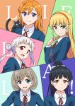  ! 5girls animal arashi_chisato arm_up bangs black_cat black_hair blonde_hair blue_eyes blunt_bangs bow cat closed_mouth commentary double_bun green_eyes hair_bun hair_ribbon hairband hazuki_ren heanna_sumire light_brown_hair long_hair looking_at_viewer love_live! love_live!_superstar!! marugoshi_teppei medium_hair multicolored_background multiple_girls orange_hair panels parted_lips ponytail purple_eyes red_eyes red_hairband ribbon school_uniform shibuya_kanon shiny shiny_hair short_hair smile tang_keke white_bow white_hair white_ribbon yellow_eyes yuigaoka_school_uniform 