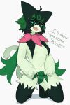  2022 4_toes 5_fingers aeiou_(yoako) ahoge alternate_species anthro breasts claws covering covering_crotch dialogue digital_media_(artwork) english_text eyewear feet felid feline female female_anthro finger_claws fingers fur generation_9_pokemon glasses green_body green_fur green_hair hair hi_res kemono kneeling looking_at_viewer mammal meowscarada nintendo nipple_outline nude open_mouth paws pink_nose pokemon pokemon_(species) power_symbol pupils sharp_teeth simple_background solo talking_to_viewer teeth text toes unusual_pupils video_games white_background yoako 