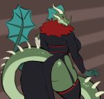  anthro big_breasts big_butt breasts butt clothed clothing dragon female garter_straps green_body green_scales hi_res legwear looking_at_viewer looking_back looking_back_at_viewer mature_female sanfingulipunrapin scales solo thigh_highs 