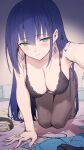  1girl a-1_pictures bangs black_bra blue_eyes blue_hair blush bra breasts cleavage engage_kiss haoni highres large_breasts lingerie long_hair looking_at_viewer navel solo thighhighs underwear yuugiri_ayano 