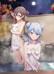  2girls bangs barefoot blue_eyes blue_hair breasts brown_hair closed_mouth collarbone commentary_request covered_navel covering double_bun fence full_moon green_eyes hair_between_eyes hair_bun hair_ornament hairclip long_hair looking_at_viewer medium_breasts moon multiple_girls night night_sky nude_cover onsen original outdoors sky small_breasts star_(sky) starry_sky tokuno_yuika wet 