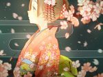  1girl bangs blurry branch brown_hair cherry_blossom_print cherry_blossoms commentary depth_of_field eyelashes falling_petals floral_print flower from_side grey_background grey_eyes hair_flower hair_ornament highres japanese_clothes kimono looking_ahead motion_blur multicolored_sash obi obijime original petals pink_kimono print_kimono profile recon sash solo yellow_sash 