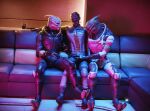  3d_(artwork) alien anthro batarian clothed clothing digital_media_(artwork) erection erection_under_clothing furniture group hi_res humanoid male male/male mammal mass_effect not_furry ralic_turman sitting sofa trio turian video_games 