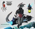  absurdres bangs black_jacket character_name covered_navel cropped_jacket fish_girl frown furry furry_female grey_background grey_hair highres holding jacket leotard long_sleeves neytirix original short_hair simple_background standing water 