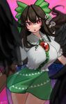  +_+ 1girl ? ?? arm_cannon bird_wings black_hair black_wings blurry blurry_background blush bow breasts cape chest_jewel collared_shirt cowboy_shot depth_of_field feathered_wings floating_hair frilled_shirt_collar frills green_bow green_skirt hair_bow highres huge_breasts long_hair looking_at_viewer open_mouth perspective puffy_short_sleeves puffy_sleeves red_eyes reiuji_utsuho shirt short_sleeves skirt solo starry_sky_print thighs tongue touhou very_long_hair weapon white_cape wings zakozako_y 