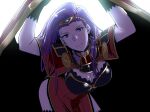  1girl aduti_momoyama arms_up bangs breasts cape cape_lift circlet cleavage dress earrings fire_emblem fire_emblem_echoes:_shadows_of_valentia gloves highres jewelry large_breasts leaning_forward long_hair looking_at_viewer mature_female pelvic_curtain purple_eyes purple_hair red_dress shade side_slit simple_background smile solo sonya_(fire_emblem) thighhighs thighs 