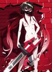  1girl bangs black_hair breasts chainsaw collarbone commentary_request completely_nude dosu_(doseven) gradient holding holding_chainsaw low_twintails mask medium_breasts mouth_mask navel nipples nude original red_eyes red_hair shadow solo standing twintails 
