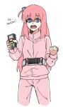  1girl blue_eyes bocchi_the_rock! clenched_hand crossover dress faiz_driver gotou_hitori highres holding holding_phone jacket kamen_rider kamen_rider_555 masruu open_mouth phone pink_dress pink_hair track_jacket track_suit 