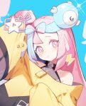  1girl :&lt; arin_(fanfan013) blue_background blue_hair bow-shaped_hair character_hair_ornament commentary emoji hair_ornament iono_(pokemon) jacket long_hair looking_at_viewer magnemite multicolored_hair pink_eyes pink_hair pleading_face_emoji pokemon pokemon_(game) pokemon_sv simple_background sleeves_past_fingers sleeves_past_wrists solo sparkle sparkling_eyes symbol-only_commentary tears two-tone_hair upper_body very_long_hair yellow_jacket 