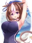 2girls @_@ animal_ears armpits arms_up bare_arms bare_shoulders blue_one-piece_swimsuit blue_sky blush brown_hair cloud day flying_sweatdrops highres horse_ears horse_girl horse_tail looking_at_viewer meisho_doto_(umamusume) meyamu multicolored_hair multiple_girls purple_eyes silence_suzuka_(umamusume) sky solo_focus swimsuit tail two-tone_hair umamusume white_hair 