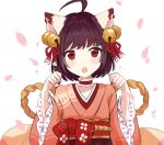 1girl ahoge animal_ears bangs bell brown_eyes brown_hair chiyutori choker floral_background hair_ribbon highres ichihime japanese_clothes kimono long_sleeves looking_at_viewer mahjong_soul open_mouth petals red_ribbon ribbon rope shimenawa short_hair solo upper_body white_background 