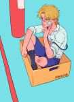  1boy aged_down bandage_on_face bandages bandaid bandaid_on_face bandaid_on_nose black_socks blonde_hair blood blue_shorts box brown_eyes bruise cardboard_box closed_mouth dio_brando dirty dirty_clothes highres honlo in_box in_container injury jojo_no_kimyou_na_bouken looking_to_the_side male_focus phantom_blood shirt short_hair shorts sitting sleeves_rolled_up socks solo suspenders white_shirt 
