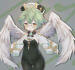  1girl bangs black_bodysuit blush bodysuit breasts brown_eyes closed_mouth covered_navel feathered_wings genshin_impact glasses green_hair grey_background groin hair_between_eyes hat highres long_sleeves risu_(ritharte) semi-rimless_eyewear sleeves_past_wrists small_breasts solo sucrose_(genshin_impact) under-rim_eyewear white_headwear white_wings wide_sleeves wings 