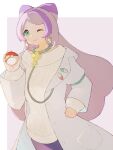 1girl ;) blush closed_mouth coat commentary_request earrings green_eyes hadu_eru hand_up highres holding holding_poke_ball jewelry long_hair long_sleeves miriam_(pokemon) nail_polish one_eye_closed open_clothes open_coat poke_ball poke_ball_(basic) pokemon pokemon_(game) pokemon_sv purple_hair purple_skirt skirt smile solo sweater yellow_nails yellow_sweater 