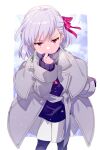  1girl bangs blush breasts coat cosplay echo_(circa) fate/grand_order fate_(series) grey_coat hair_ribbon jewelry kama_(fate) kama_(first_ascension)_(fate) long_sleeves looking_at_viewer matou_sakura necklace open_clothes open_coat pantyhose parvati_(cherry_icicle)_(fate) parvati_(fate) parvati_(fate)_(cosplay) pendant pleated_skirt purple_pantyhose purple_sweater red_eyes ribbed_sweater ribbon short_hair skirt small_breasts snow snowing solo sweater thighs turtleneck turtleneck_sweater white_hair white_skirt 