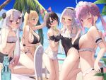 5girls :d :o :t ;) apron arm_garter bangs bare_arms bare_legs bare_shoulders beach bikini bikini_skirt black_bikini black_one-piece_swimsuit black_skirt black_tail blonde_hair blue_sky blunt_bangs blush bottle breasts brown_hair bun_cover cat_ear_hairband chair cleavage clenched_hand commentary_request day demon_horns demon_tail double_bun drink frilled_apron frilled_bikini frilled_garter frilled_hairband frilled_skirt frills from_side glass green_eyes grey_hair hair_bun hairband hairband_removed halterneck hand_up highleg highleg_swimsuit highres holding holding_tray hololive horns kneeling large_breasts leaf leg_up long_hair looking_at_another looking_at_viewer maid_bikini maid_headdress medium_breasts minato_aqua miniskirt multicolored_hair multiple_girls murasaki_shion nakiri_ayame navel ocean one-piece_swimsuit one_eye_closed oni_horns oozora_subaru open_mouth outdoors palm_tree parted_lips pink_eyes pointy_ears pout ramune red_hair saki_(saki_paint) see-through short_hair skirt sky small_breasts smile standing standing_on_one_leg strap_gap streaked_hair string_bikini swimsuit tail thighs tray tree virtual_youtuber waist_apron white_hair yellow_eyes yuzuki_choco 