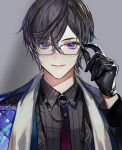  1boy adjusting_eyewear black_gloves black_hair black_shirt blue_coat coat coat_on_shoulders collar_chain collared_shirt gloves gradient_necktie grey_background hair_between_eyes highres koshika_rina looking_at_viewer male_focus mole mole_on_neck multiple_moles necktie nijisanji o-ring purple_eyes purple_necktie shikinagi_akira shirt short_hair simple_background smile solo stole upper_body virtual_youtuber 