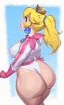  1girl absurdres adapted_costume ass ass_focus bandana biker_clothes bikesuit blonde_hair blue_eyes bodysuit breasts crown earrings gloves highres huge_ass jewelry leotard long_hair mario_(series) mario_kart mole mole_on_ass princess_peach riz the_super_mario_bros._movie thick_lips thick_thighs thighs 