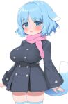  1girl :d bangs black_coat blue_eyes blue_hair blue_thighhighs breasts coat cowboy_shot hair_flaps highres large_breasts long_sleeves looking_at_viewer open_mouth original pink_scarf ransusan scarf short_hair simple_background smile solo standing symbol-shaped_pupils tail thighhighs white_background 