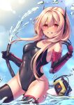  1girl banana_(girls&#039;_frontline) black_one-piece_swimsuit black_thighhighs blonde_hair blue_sky breasts cloud collarbone competition_swimsuit covered_navel day girls&#039;_frontline headgear highleg highleg_swimsuit highres holding holding_hose hose long_hair m4_sopmod_ii_(girls&#039;_frontline) mechanical_arms multicolored_clothes multicolored_hair multicolored_swimsuit one-piece_swimsuit outdoors red_eyes red_hair red_one-piece_swimsuit single_mechanical_arm sky small_breasts solo streaked_hair swimsuit thighhighs wading water xlscaler 