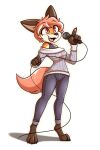  3_toes 4_fingers anthro bottomwear breasts brown_body brown_fur brown_nose canid canine claws clothed clothing denim denim_clothing digital_media_(artwork) feet female fingers fox fur hair hi_res holding_cord holding_microphone holding_object jeans mammal miakameron microphone open_mouth open_smile orange_body orange_fur pants pawpads shaded shadow shirt simple_background smile solo standing sweater teeth toe_claws toes tongue topwear white_body white_fur 