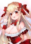  1girl :d absurdres bangs blonde_hair blush bow breasts cleavage commentary_request hair_between_eyes hair_bow hair_ornament hand_up highres large_breasts leoria_(red_corruption) long_hair looking_at_viewer meito_(maze) open_mouth red_bow red_corruption red_eyes red_ribbon ribbon smile solo two_side_up wrist_cuffs 