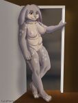  absurd_res anthro big_breasts breasts brown_eyes chest_tuft chubby_anthro chubby_female domestic_rabbit feet female flemish_giant floppy_ears fur graham_(artist) grey_body grey_fur hi_res lagomorph leaning leporid mammal nipples oryctolagus pink_nipples rabbit slightly_chubby smile solo spots spotted_body spotted_fur standing tan_body tan_fur tuft white_body white_fur 
