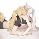  2girls animal_ears arknights bare_arms bare_shoulders black_shirt blonde_hair camisole closed_eyes commentary crop_top dlanon horse_ears long_hair midriff multiple_girls nearl_(arknights) platinum_(arknights) ponytail shirt simple_background spaghetti_strap tail white_background white_hair yuri 