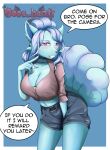  absurd_res alolan_form alolan_vulpix anthro blue_body blue_ears blue_fur blue_hair blue_nose blue_tail bottomwear breasts canid canine cleavage cleavage_cutout clothed clothing collar colored_nails crop_top ear_piercing ear_ring english_text eyebrow_through_hair eyebrows eyelashes female fluffy fluffy_tail fox fur generation_1_pokemon gesture hair hi_res jasmine_(oode_henti) jewelry looking_at_viewer mammal nails narrowed_eyes nintendo nipples oode_henti piercing pink_body pink_fur pokemon pokemon_(species) purple_eyes red_clothing red_shirt red_topwear regional_form_(pokemon) ring_piercing shirt shorts simple_background smile speech_bubble suggestive suggestive_gesture tail teeth text topwear translucent translucent_hair video_games vulpix 