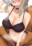  1girl bare_shoulders black_bra blonde_hair blush bra breasts can check_commentary choker cleavage clothes_removed commentary commentary_request costume cropped_head drink drinking highres large_breasts lycoris_recoil nakahara_mizuki navel open_mouth sidelocks simple_background steam steaming_body sweat t-8000 underwear unzipped upper_body white_background zipper 