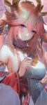  1girl animal_ears bangs bare_shoulders belt bloom blurry blurry_background blush branch breasts cherry_blossoms closed_mouth detached_sleeves earrings eyelashes fingernails flower fox_ears fox_girl gem genshin_impact gold gold_earrings grey_shirt hair_between_eyes hair_ornament hanato_(seonoaiko) hand_up highres japanese_clothes jewelry long_hair long_sleeves looking_at_viewer medium_breasts nail_polish nontraditional_miko pink_hair pink_nails purple_eyes purple_flower purple_gemstone red_belt shirt sidelocks smile solo standing teeth tree vision_(genshin_impact) wide_sleeves yae_miko 