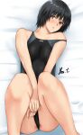  1girl amagami black_hair black_one-piece_swimsuit blush breasts brown_eyes competition_swimsuit highres lying nanasaki_ai on_back one-piece_swimsuit parted_lips short_hair small_breasts solo strap_slip swimsuit two-tone_swimsuit yoo_tenchi 