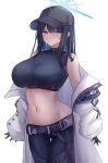  1girl absurdres ass_visible_through_thighs bangs baseball_cap belt black_belt black_gloves black_hair black_headwear black_shirt blue_archive blue_eyes breasts chest_harness coat crop_top gloves halo harness hat highres holster knife knife_holster large_breasts long_hair looking_at_viewer midriff navel open_clothes open_coat pants saori_(blue_archive) shirt sleeveless sleeveless_shirt snap-fit_buckle solo standing stomach thigh_holster thighs tight tight_pants white_coat yuuki_shuri 