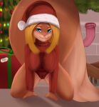 2021 anthro big_tail blonde_hair blue_eyes brown_body camel_toe christmas christmas_clothing christmas_headwear christmas_tree clothed clothing dated eyelashes female front_view full-length_portrait glistening glistening_eyes hair hat headgear headwear hi_res holidays inside isyld kneeling leaning leaning_forward looking_at_viewer mammal plant portrait red_clothing red_hat red_headwear red_nose rodent santa_hat sciurid signature smile solo tan_body tree 