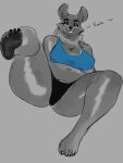  3:4 anthro boodapooks breasts butt clothed clothing feet female fur hi_res looking_at_viewer mammal mature_female simple_background slightly_chubby solo thick_thighs toes ursid 
