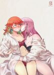  2girls bangs bathrobe black_bra blunt_bangs blush bra breasts cleavage closed_eyes collarbone couple earrings feather_earrings feathers gradient_hair hololive hololive_english iskaydi jewelry kiss kissing_cheek large_breasts long_hair mori_calliope motion_lines multicolored_hair multiple_girls open_clothes open_robe orange_hair pink_hair red_bra robe straight_hair surprised takanashi_kiara underwear virtual_youtuber white_robe yuri 