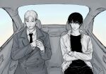  2boys bangs car_interior car_seat chainsaw_man cigarette closed_mouth coat crossed_arms expressionless haevaf jacket kishibe_(chainsaw_man) monochrome multiple_boys necktie open_clothes open_jacket overcoat short_hair sitting smoking spot_color upper_body window yoshida_hirofumi 